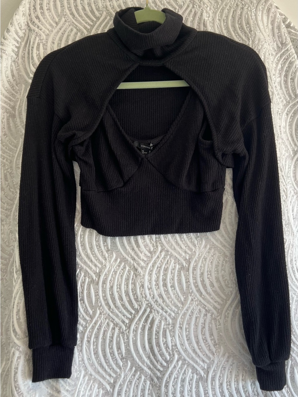 Forever 21 Black Ribbed Cut-Out Mock Neck Crop Top